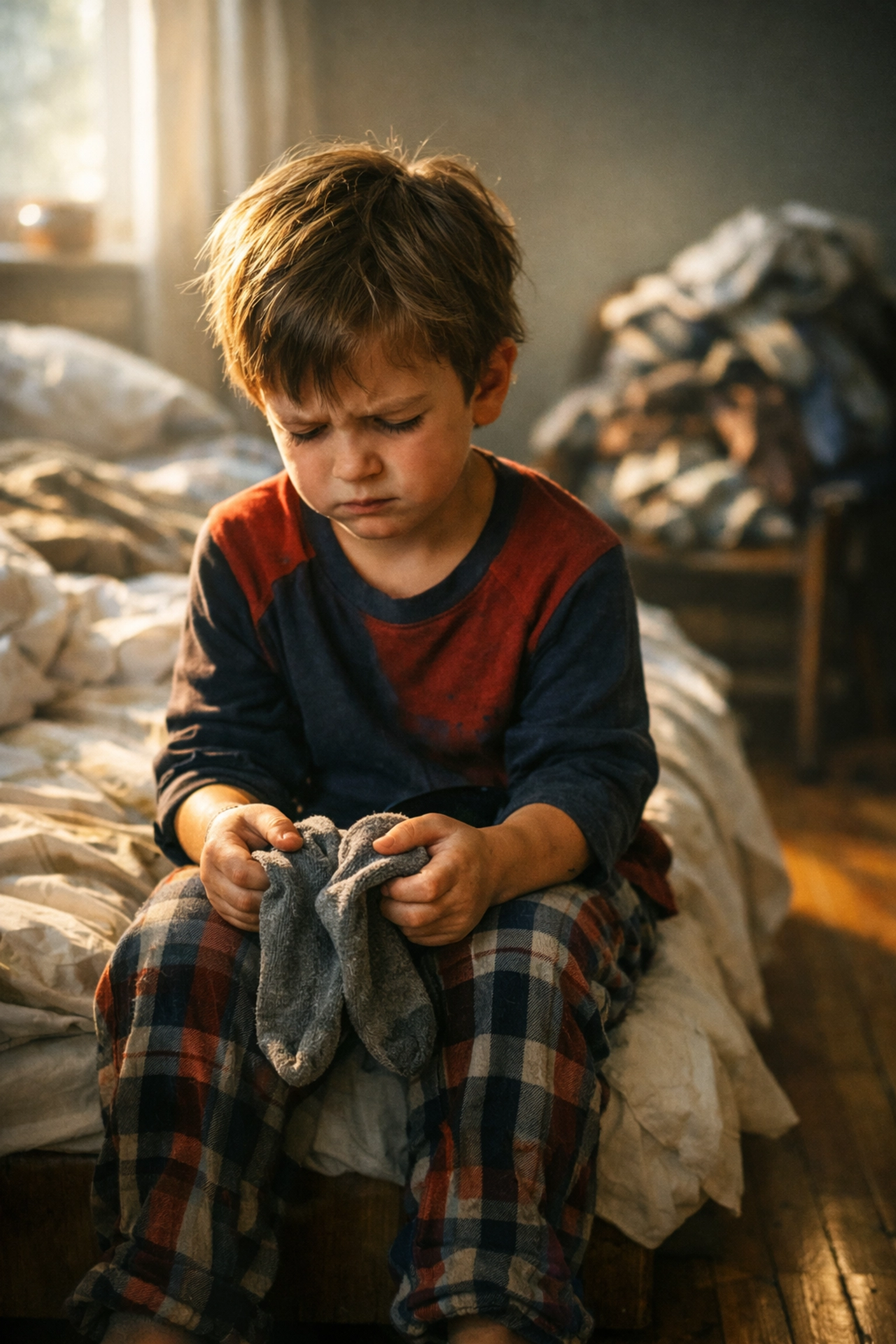 Child experiencing sensory overload during a difficult morning routine with uncomfortable socks.