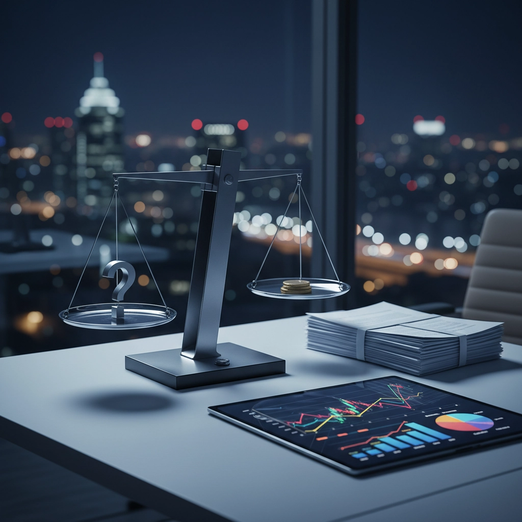 Scales of justice with a question mark and a coin, symbolizing legal considerations in business acquisitions, alongside financial data on a tablet and stacked documents in a corporate office setting.