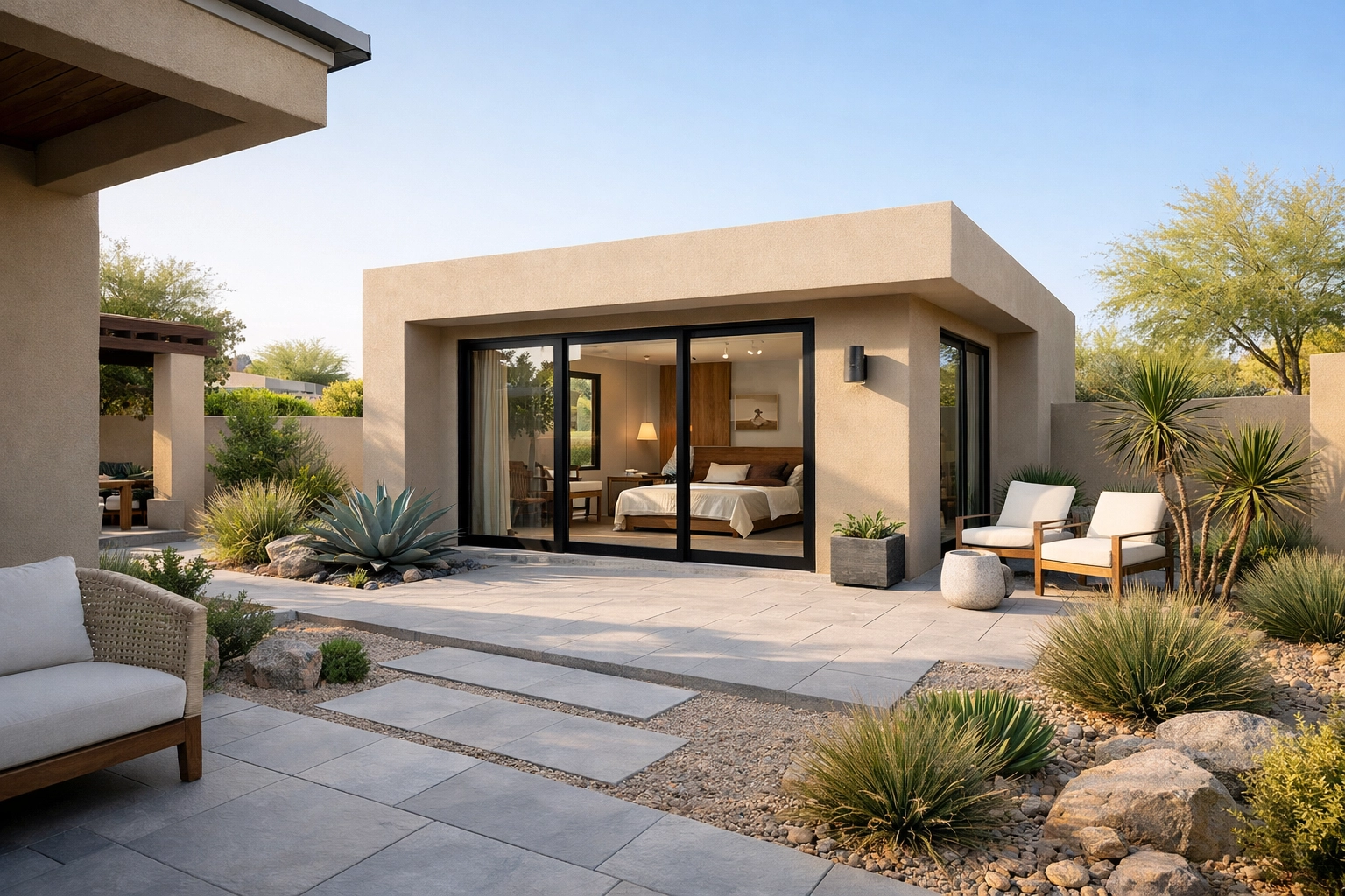 Modern luxury guest suite addition in a Gilbert backyard, showcasing desert-friendly casita architecture.