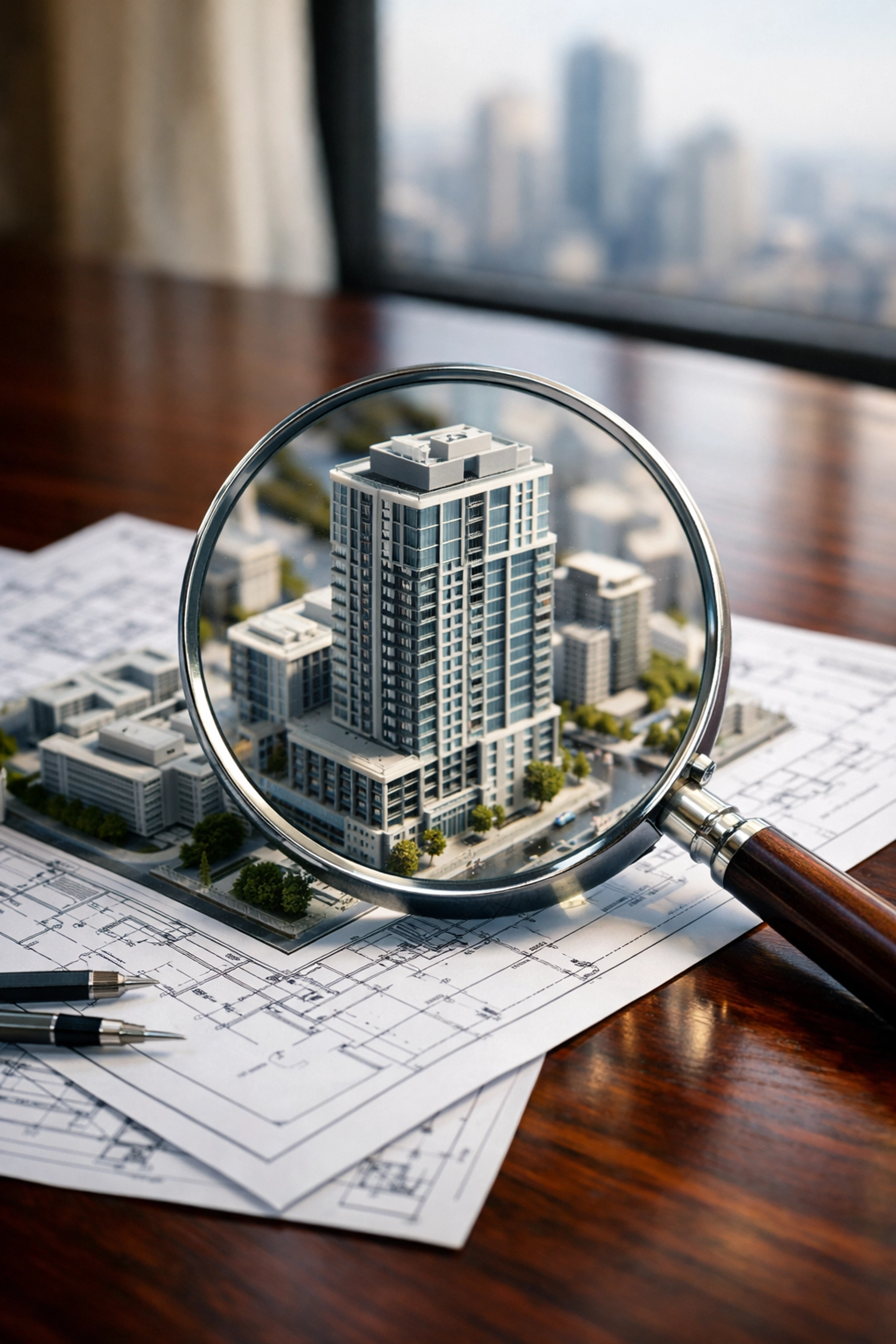Magnifying glass over property blueprints representing meticulous real estate investment analysis and due diligence.