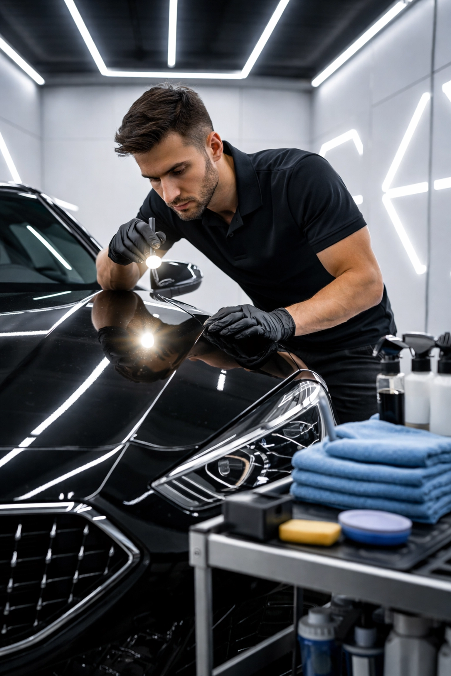 Professional auto detailer inspects luxury car in clean room before paint protection film application in Louisville
