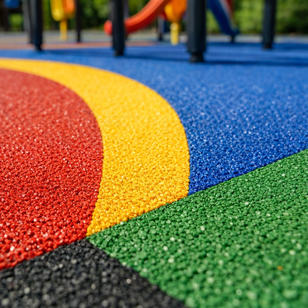 Colorful poured-in-place rubber playground surfacing with safety surface pattern