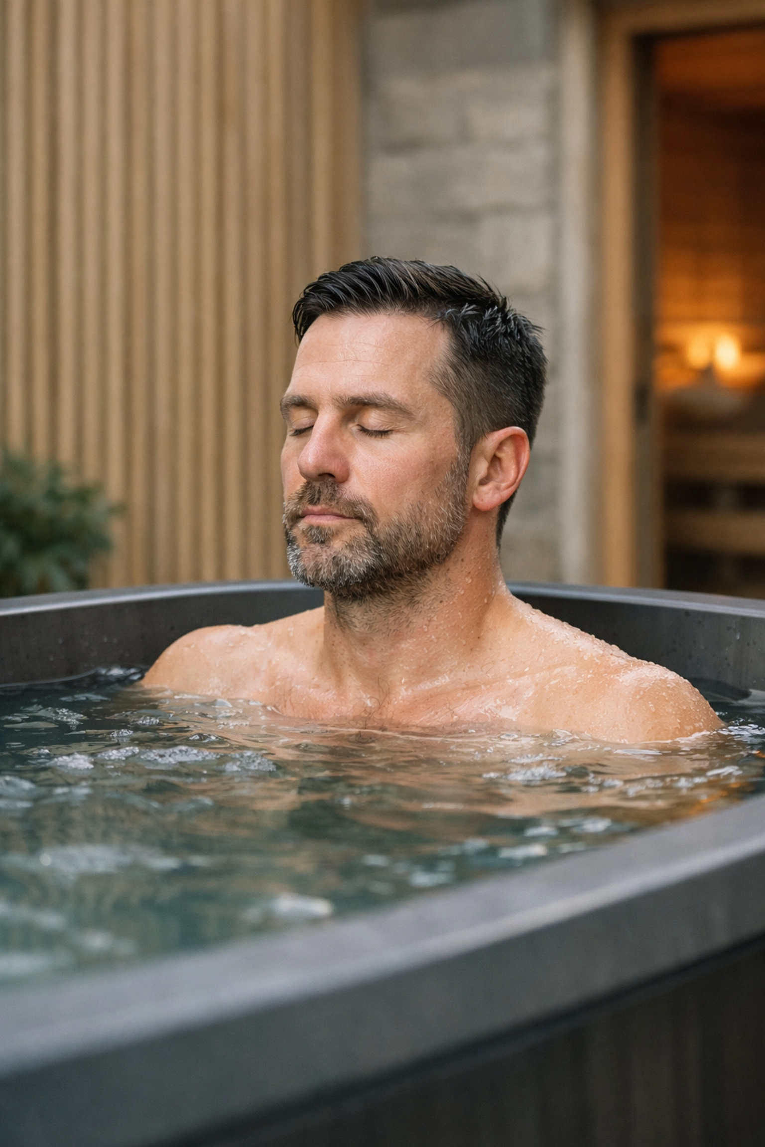A person practicing cold water immersion in a Cardiff cold plunge tub for contrast therapy recovery.