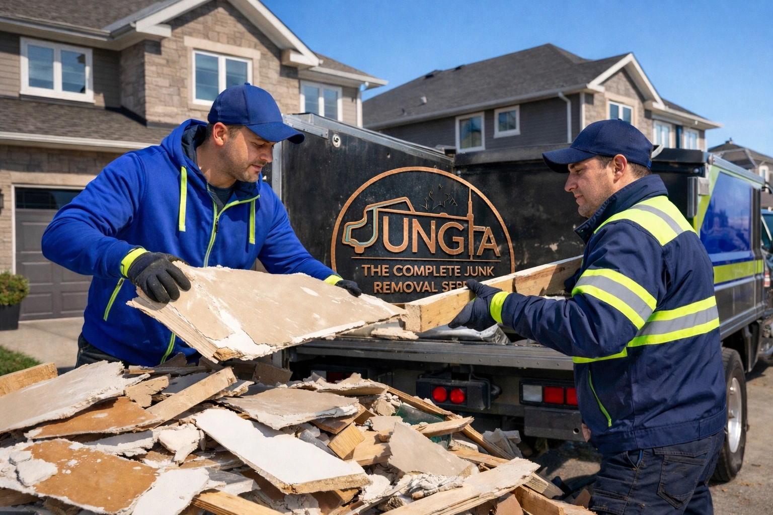 Junk removal Barrie team clearing renovation debris and construction waste from a residential driveway in Simcoe County.
