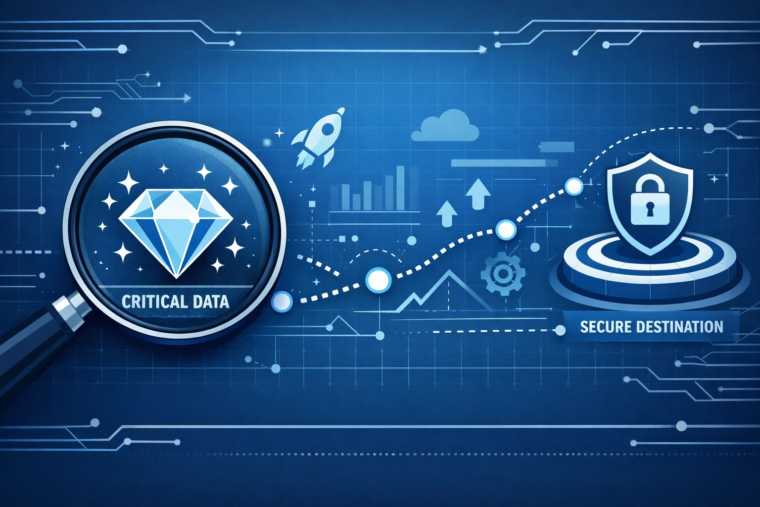 Digital roadmap with a magnifying glass identifying critical business data for a recovery plan.
