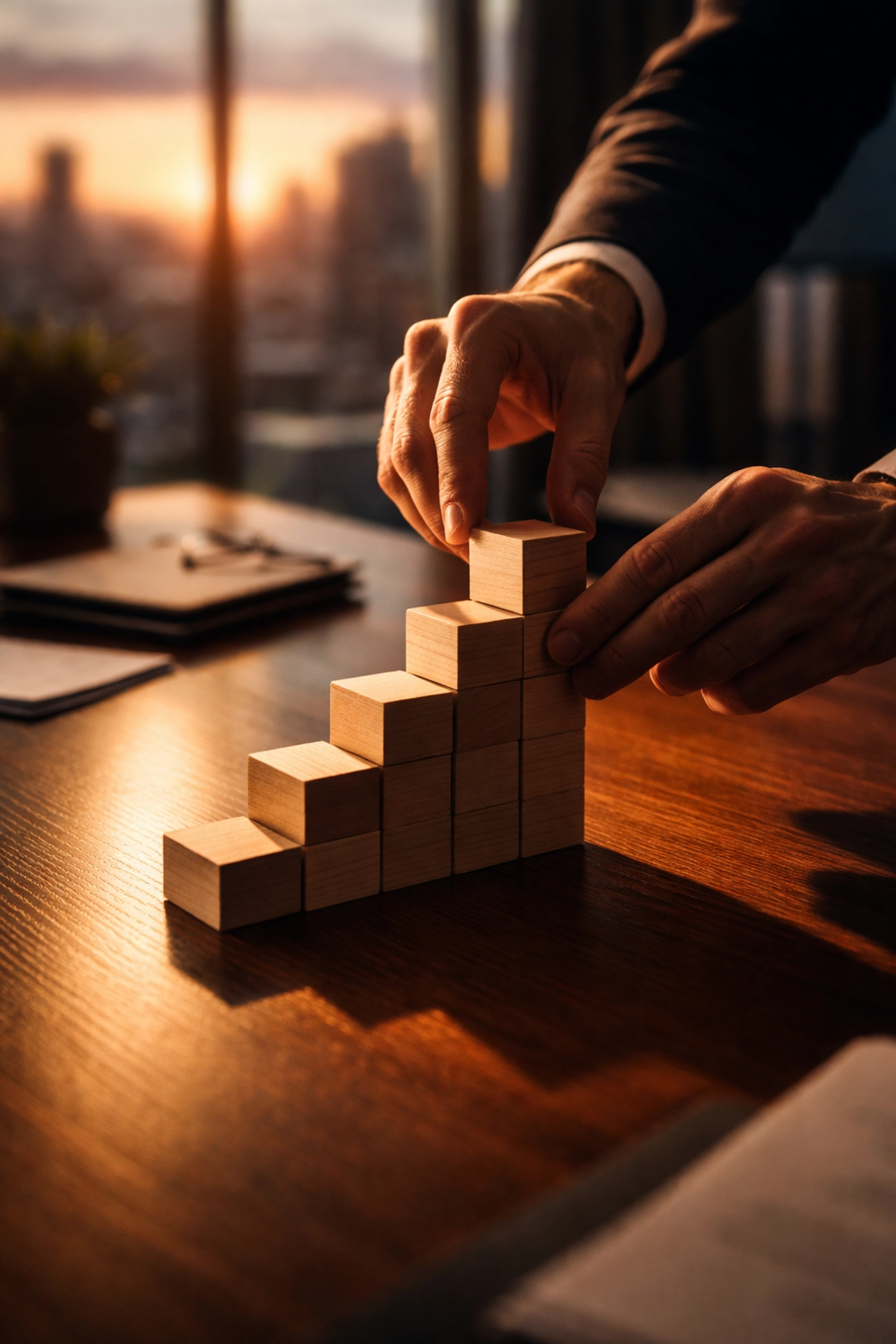 Hands building structure with blocks, representing strategic performance coaching and professional growth
