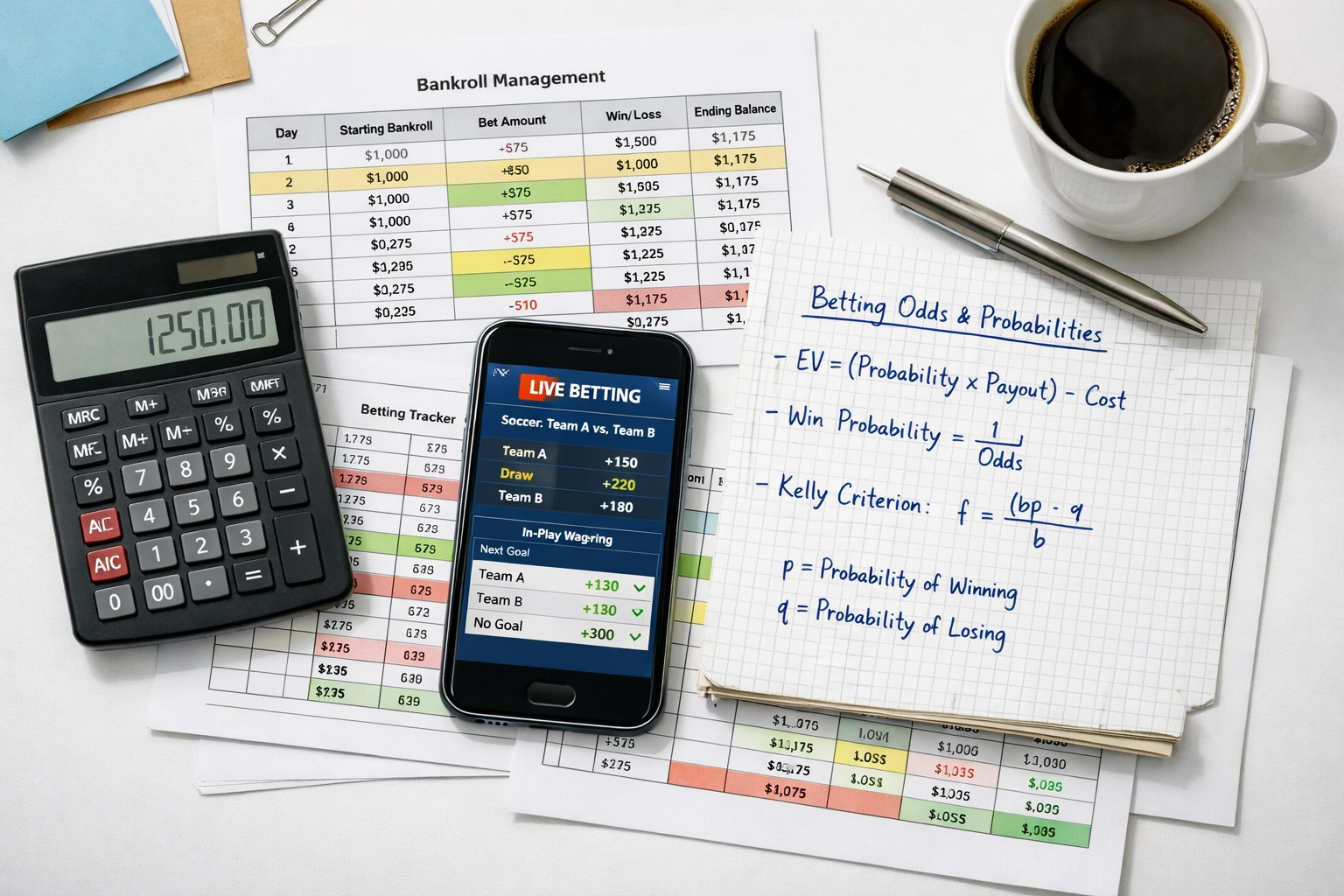 Wettstrategie-Planung mit Bankroll-Berechnungen, Taschenrechner und Notizen