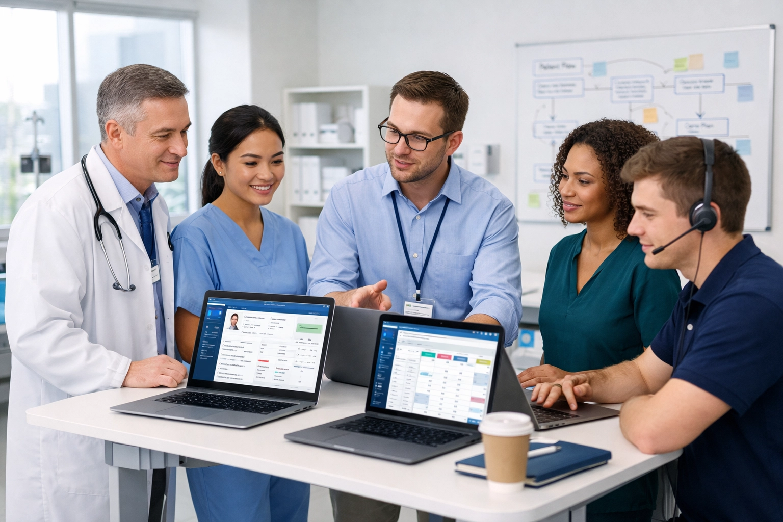 Healthcare IT staff reviewing ServiceNow performance analytics for operational efficiency