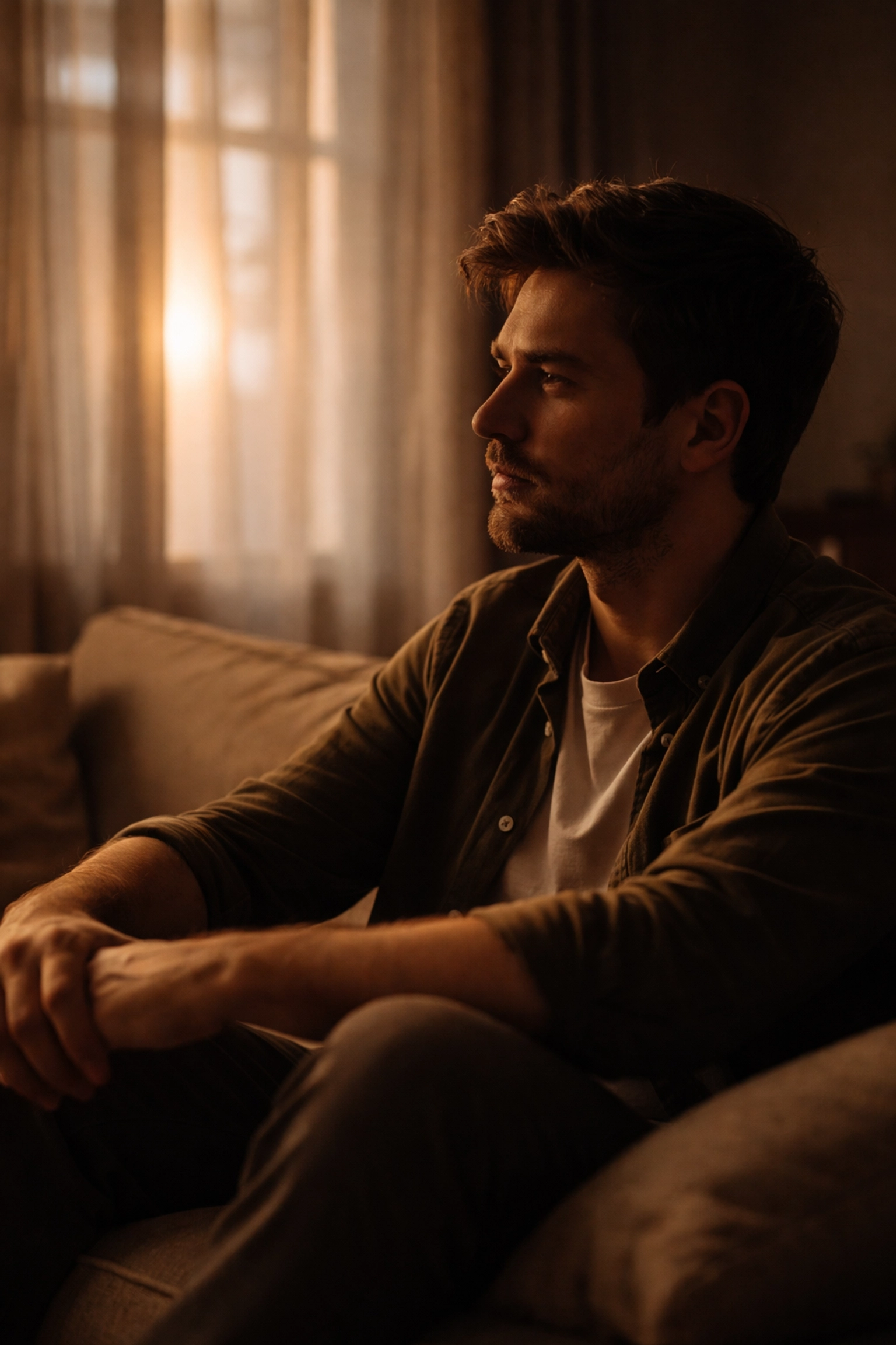 Férfi elgondolkodva ül a kanapén - a PIED okozta merevedési zavar felismerése