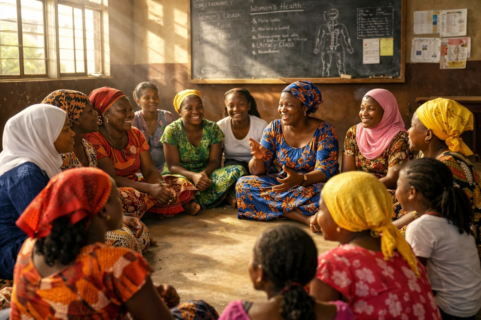 African women and girls in community education workshop discussing FGM prevention and progress