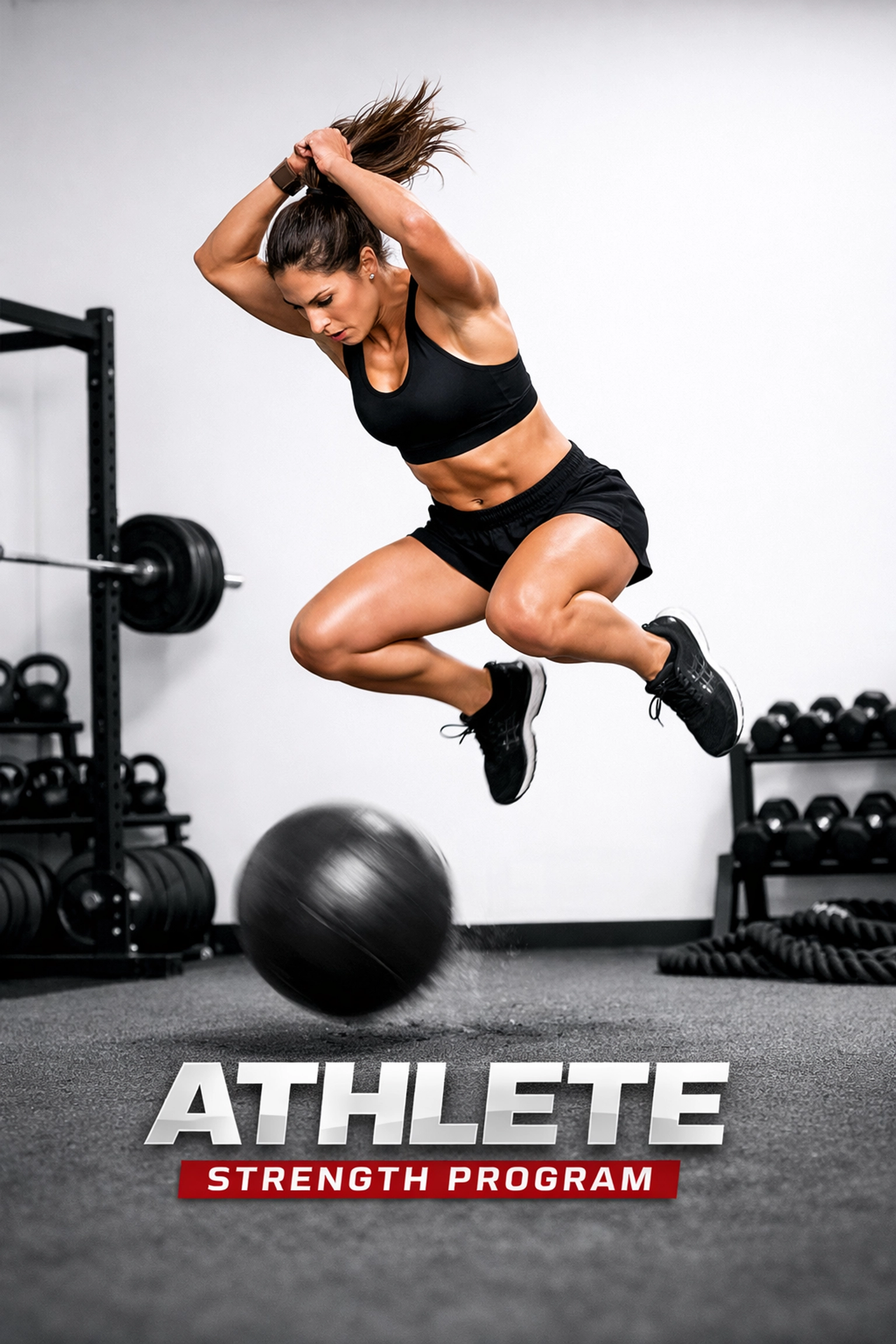 Female athlete doing an explosive medicine ball slam in the Venice athlete strength training program.