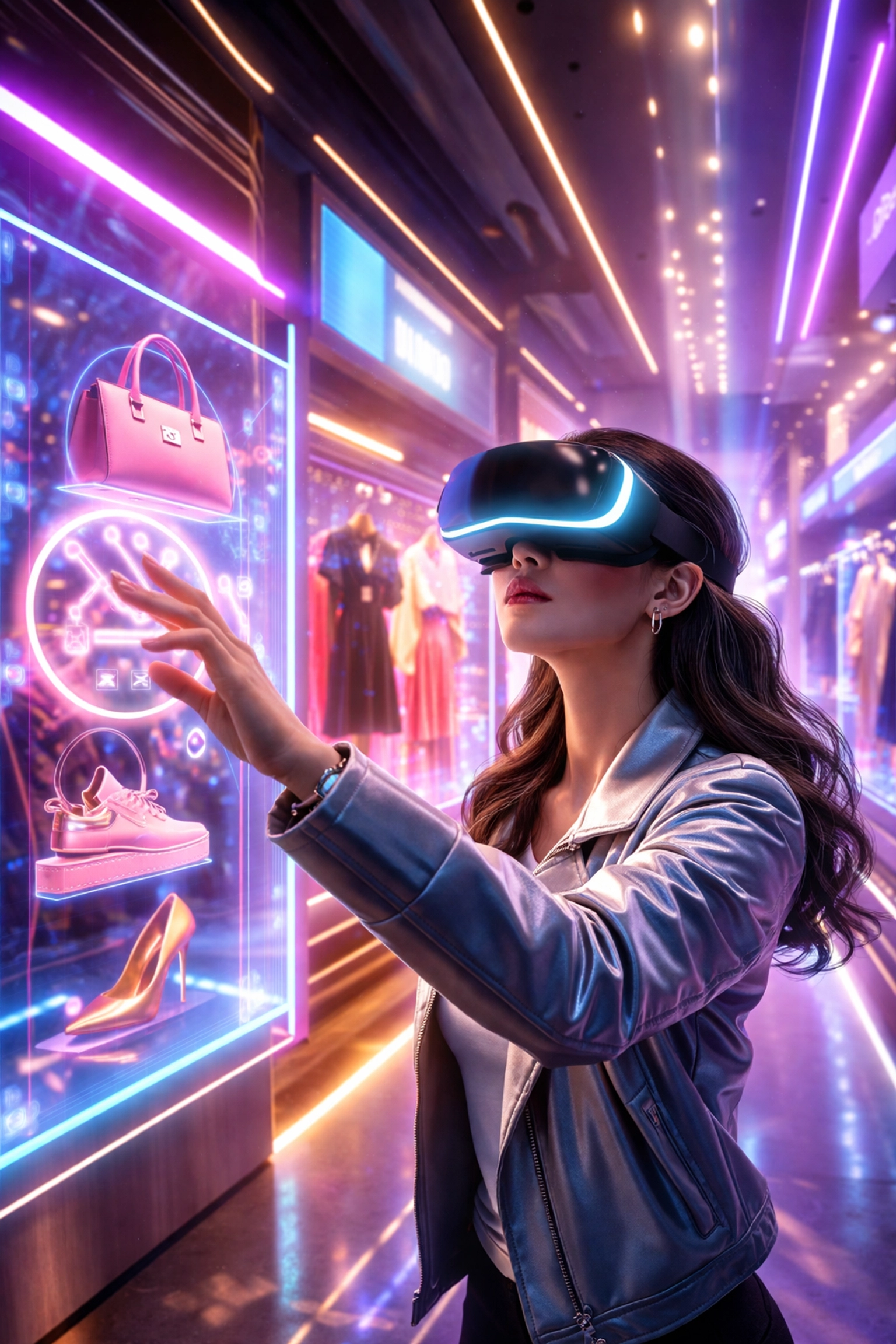 Person shopping with a VR headset in a virtual store, highlighting metaverse shopping and seamless crypto payments.