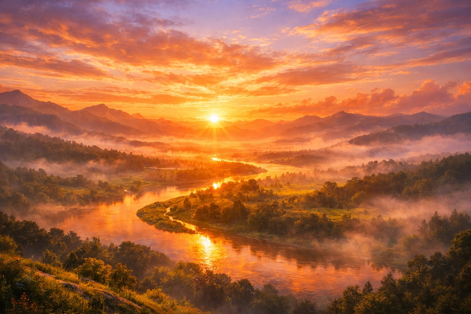Sunrise over a peaceful valley symbolizing the hope of Jesus Christ and new beginnings in faith.