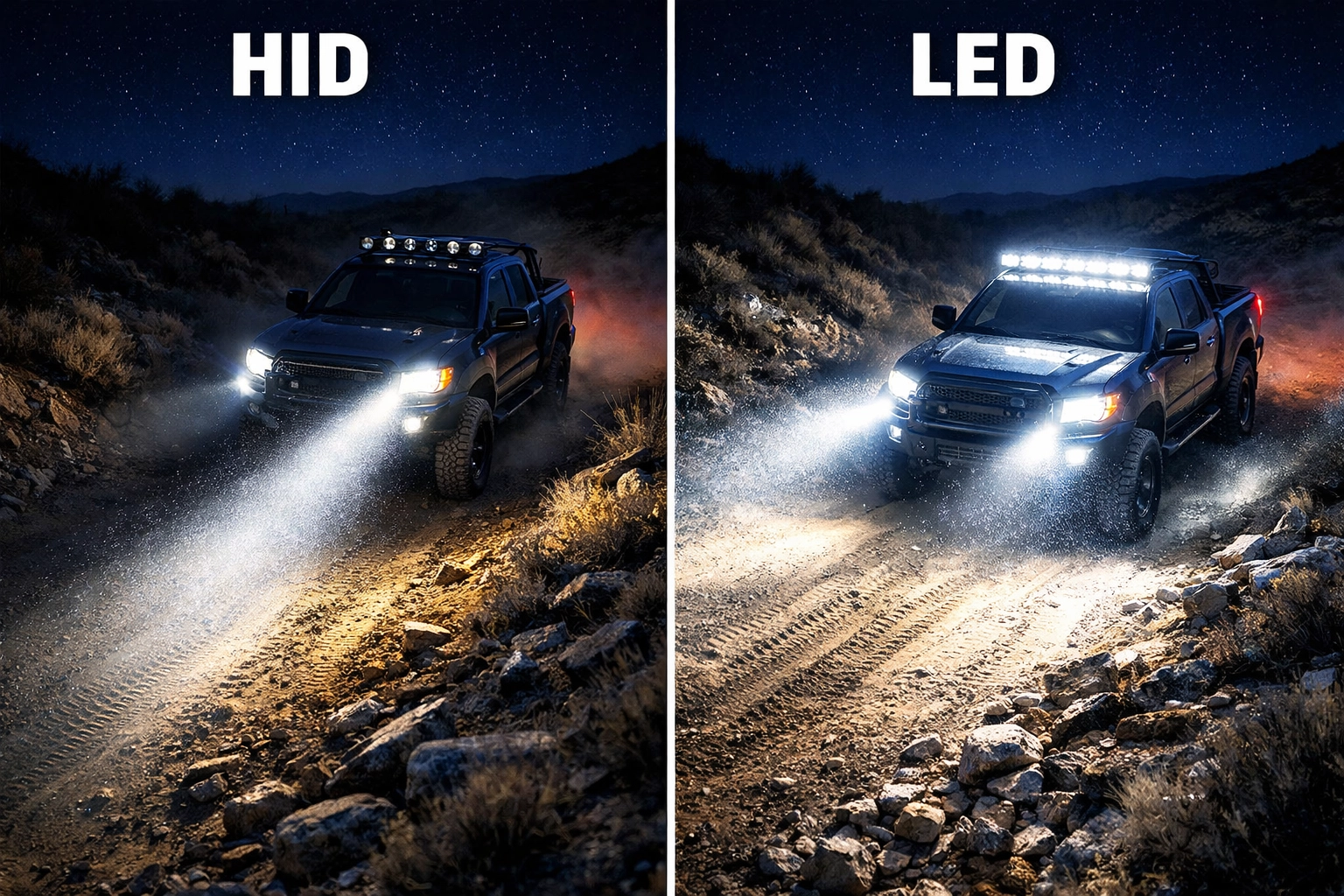 HID vs LED headlight beam pattern comparison showing coverage differences on off-road trucks at night