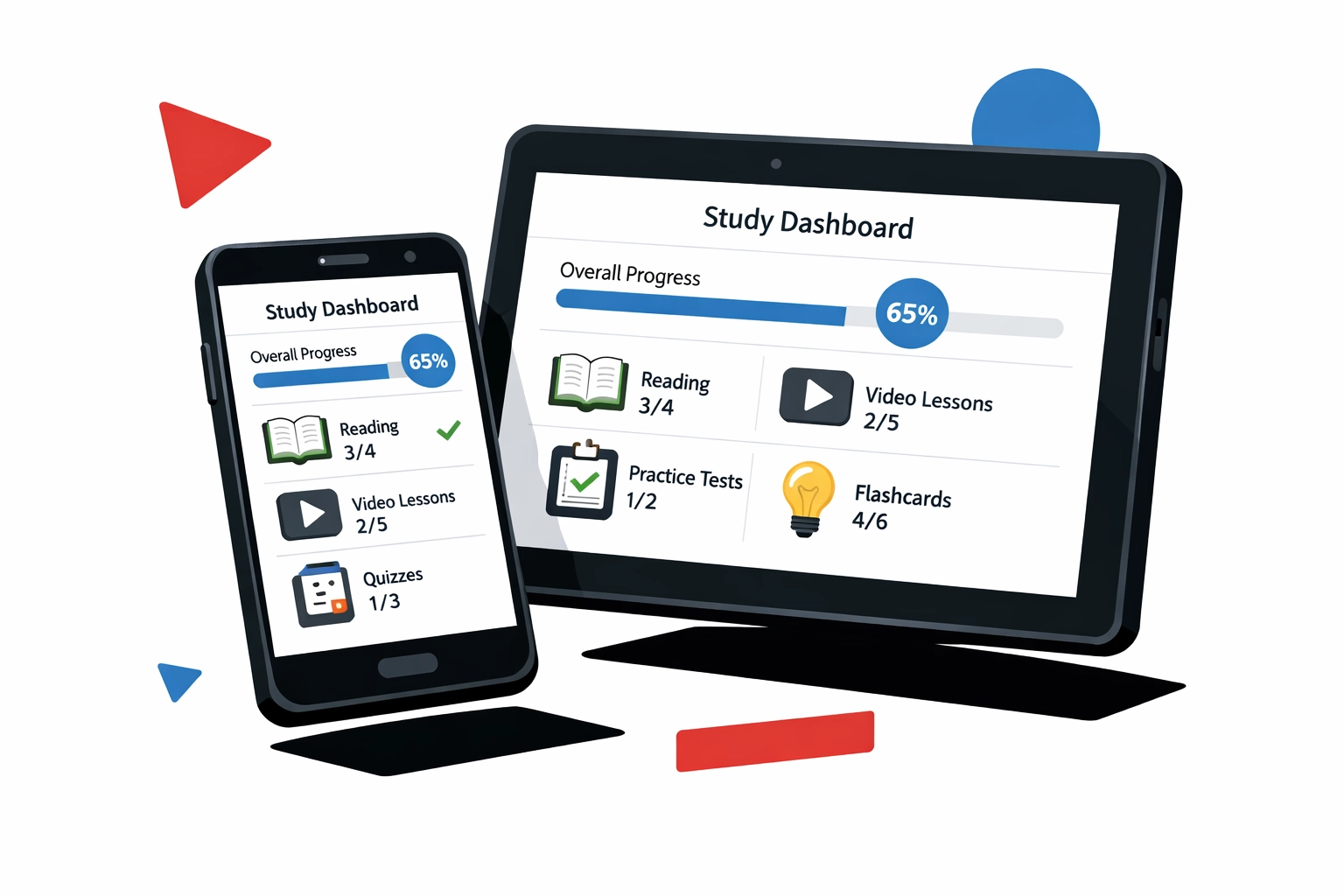 Transport manager app displayed on smartphone and tablet showing TM CPC study modules and progress