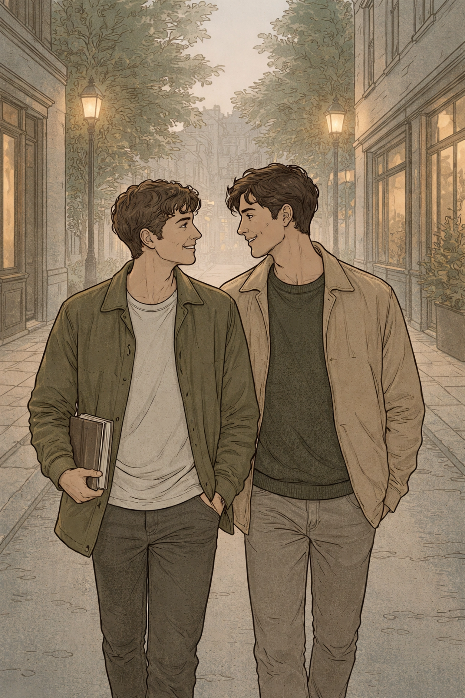 Two men walking side by side in a city street at dusk, representing the evolving journey of bisexual identity