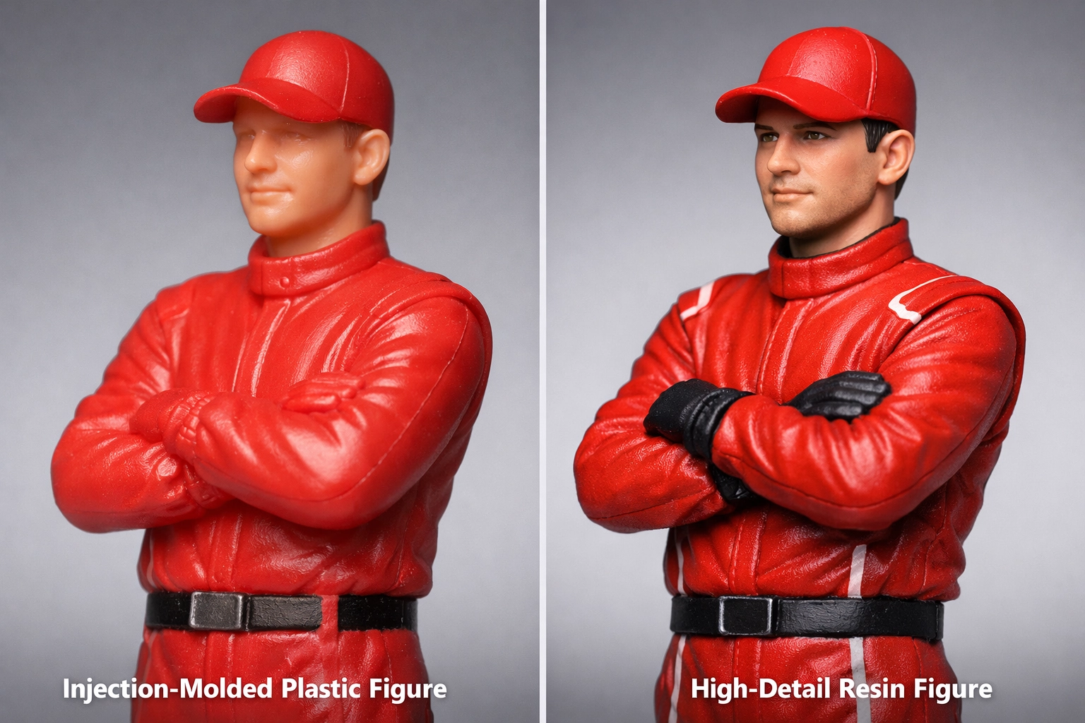 Comparison showing a low-detail plastic figure versus a high-detail custom 1:64 scale resin miniature.