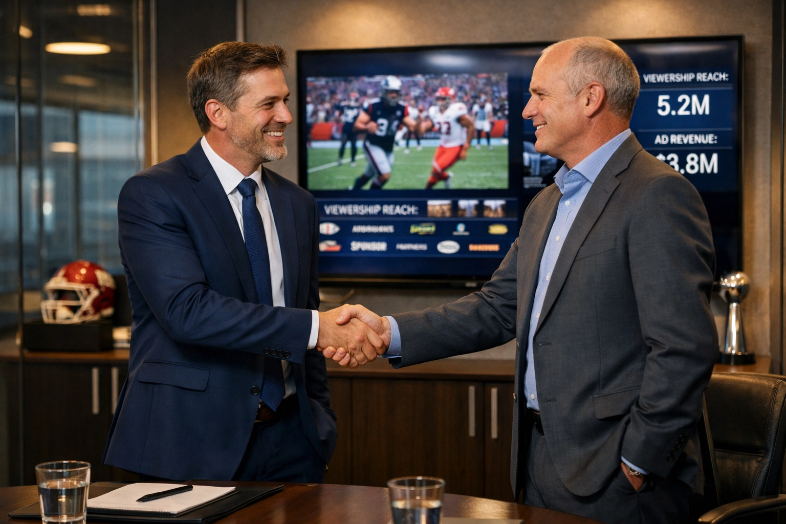 Sports advertising consultant shaking hands with network executive during strategic partnership meeting