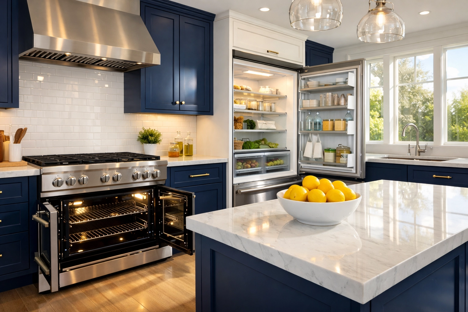 Professional deep cleaning Worcester results in a luxury kitchen with sparkling appliances and surfaces.