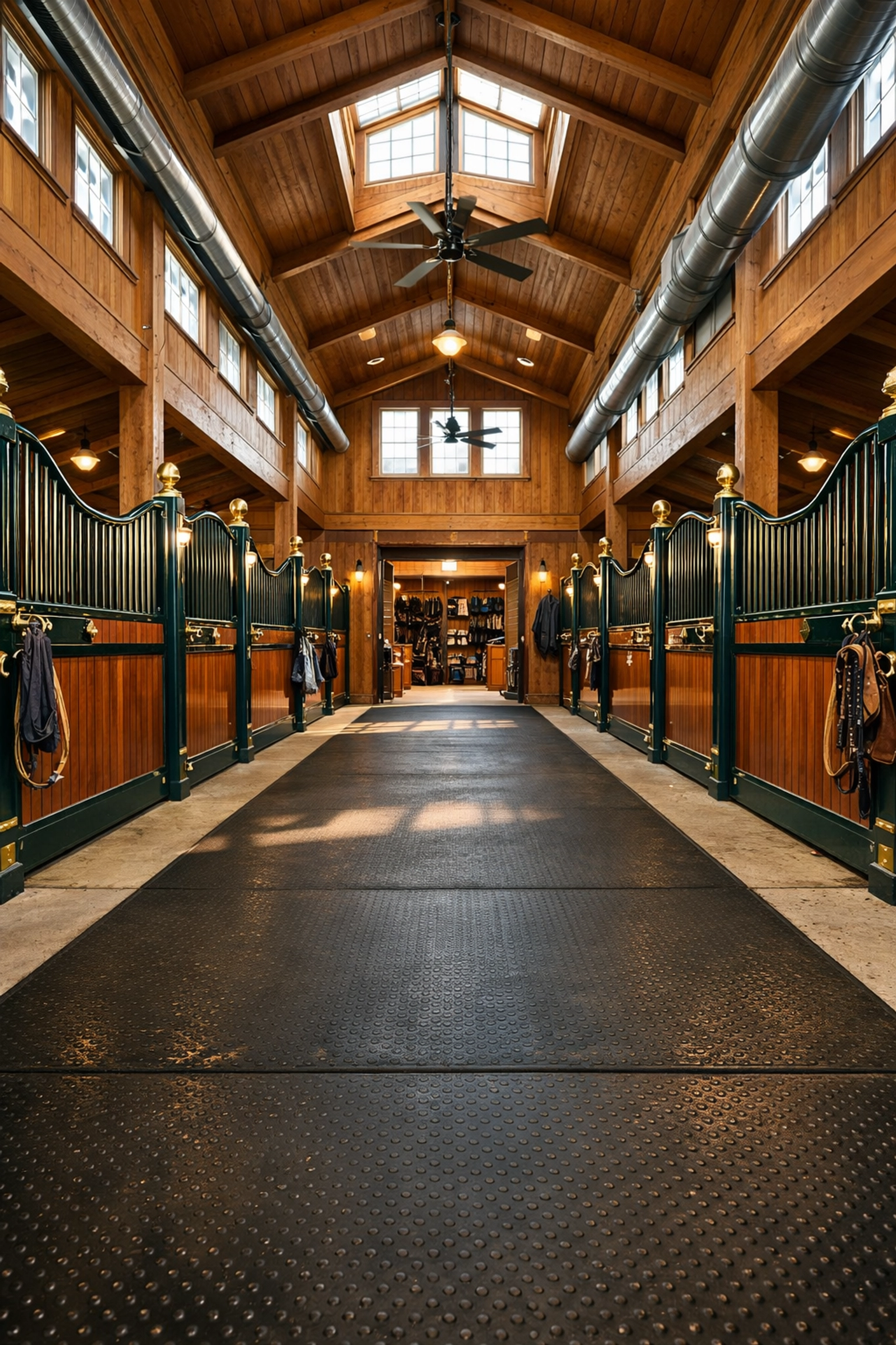 Professional horse barn interior showing spacious stalls and center aisle