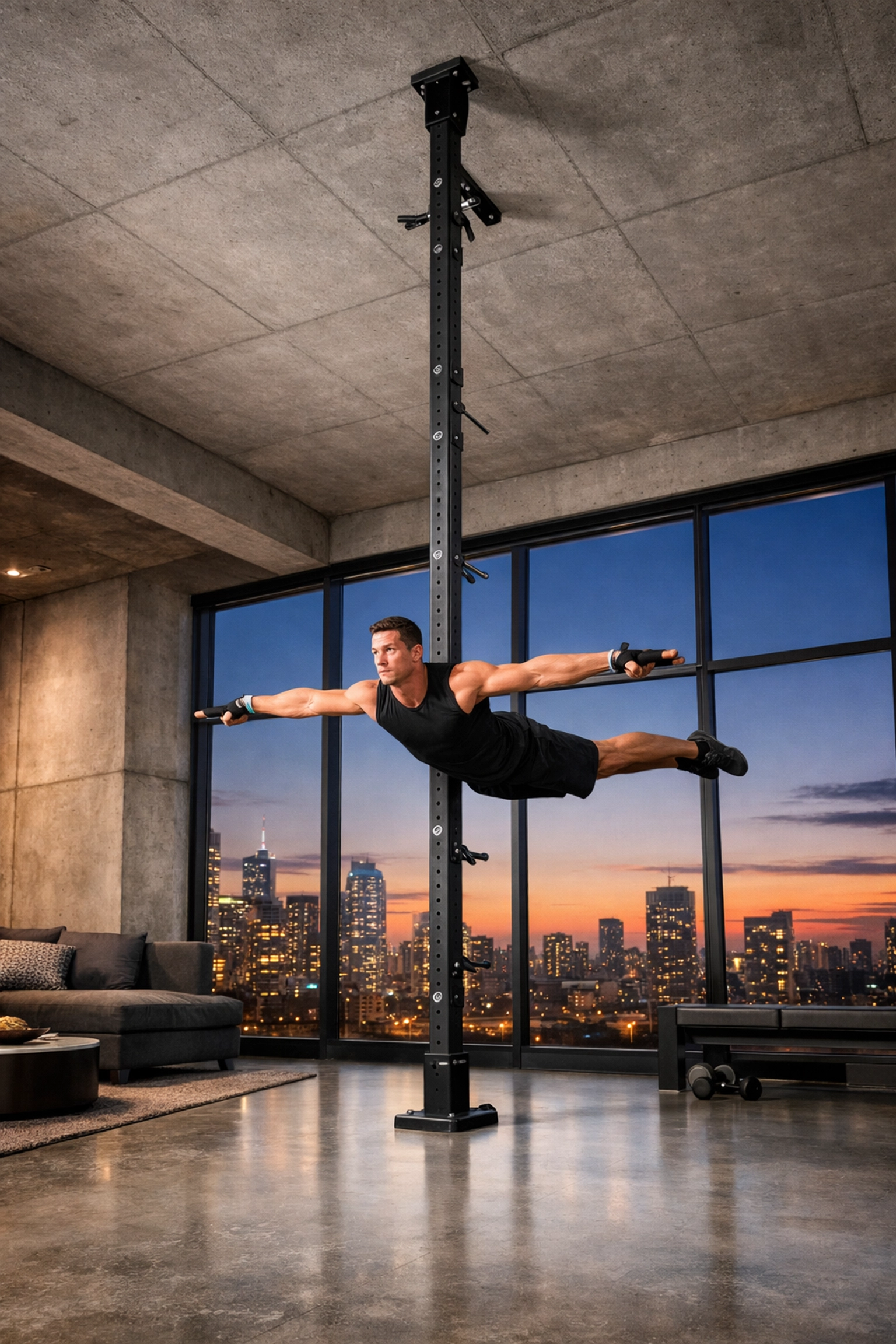Gymnast training on a Resistance Rail floor to ceiling gym system for calisthenics at home.