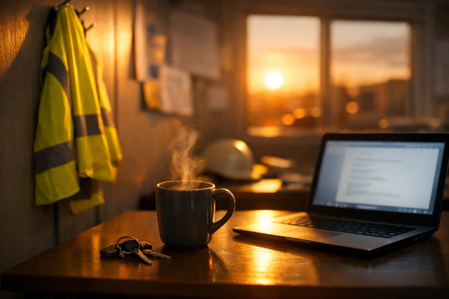 Construction site office with a laptop and high-vis vest, showing organised record-keeping for HMRC compliance.