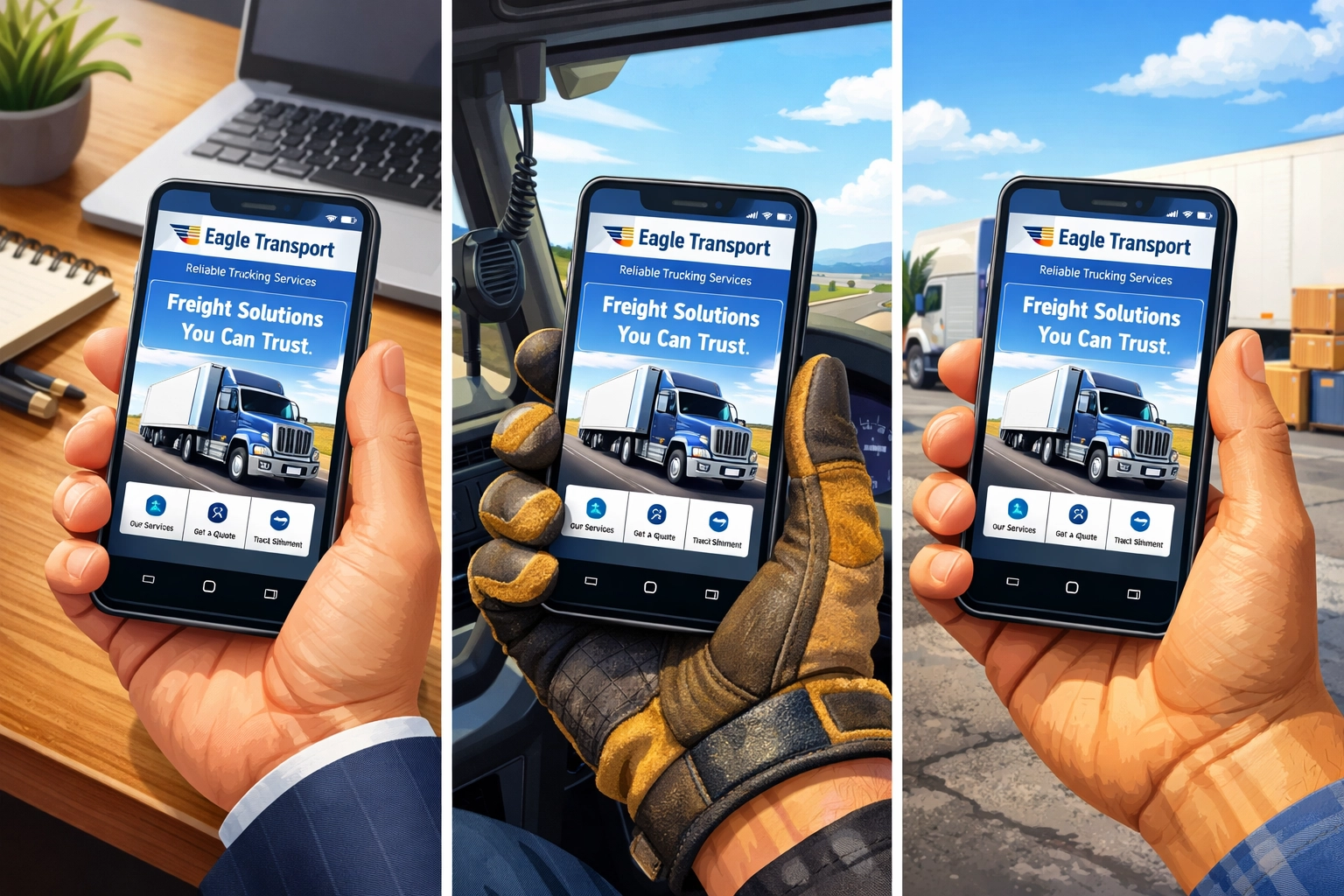 Responsive trucking website displayed on mobile phones in different work environments