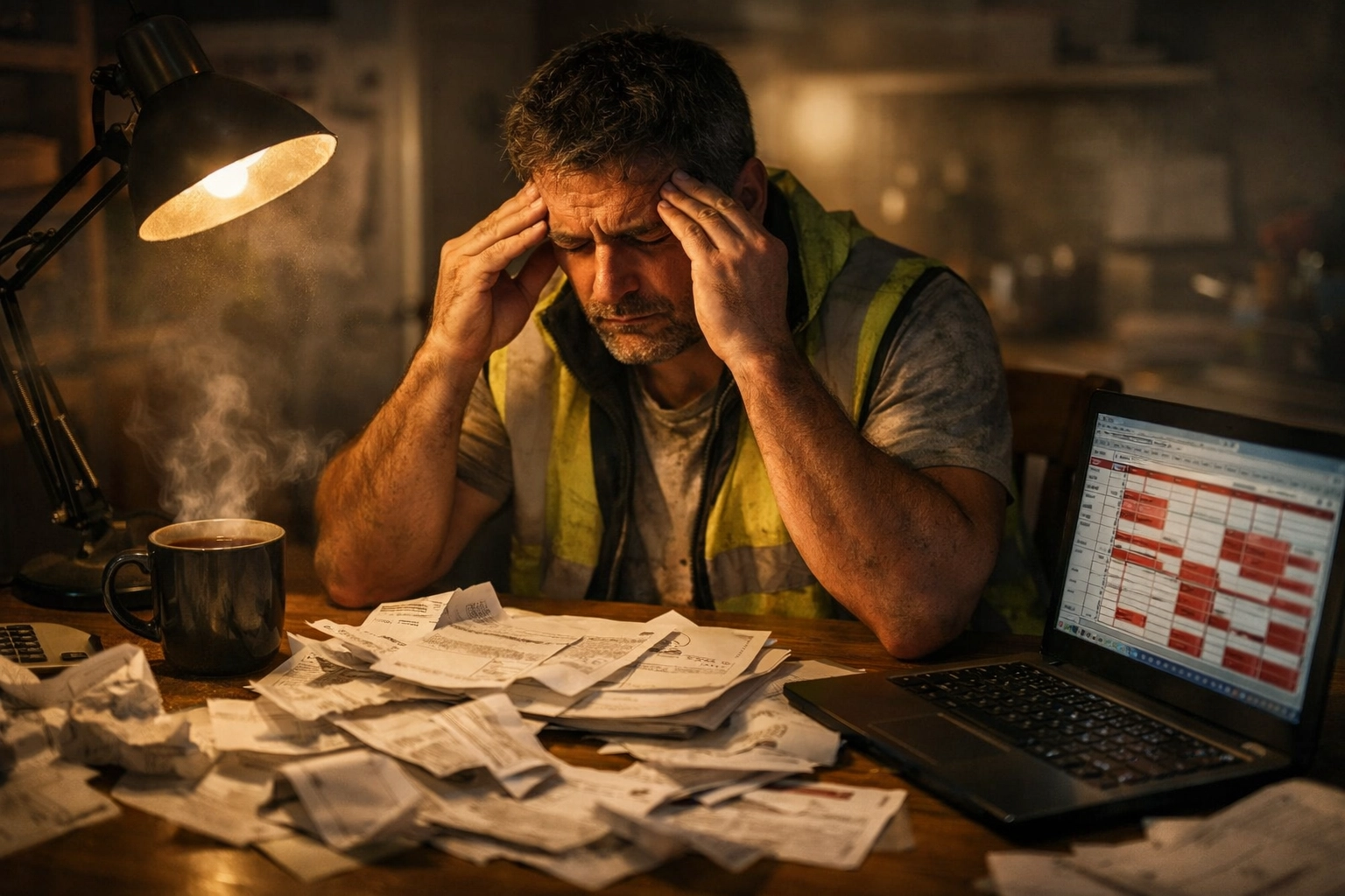 Overwhelmed tradesman struggling with a bookkeeping crisis and messy financial records at home.