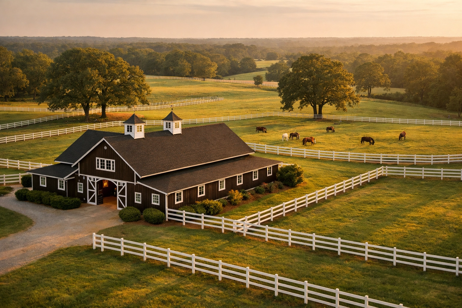 Aerial view of horse farm for sale in Waxhaw NC with barn and fenced pastures