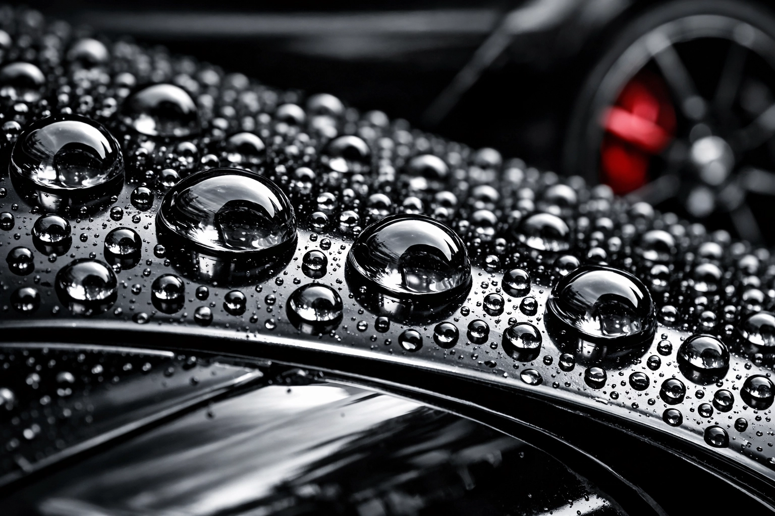 Water beading on a car hood protected by hydrophobic ceramic coating for easier summer vehicle cleaning.