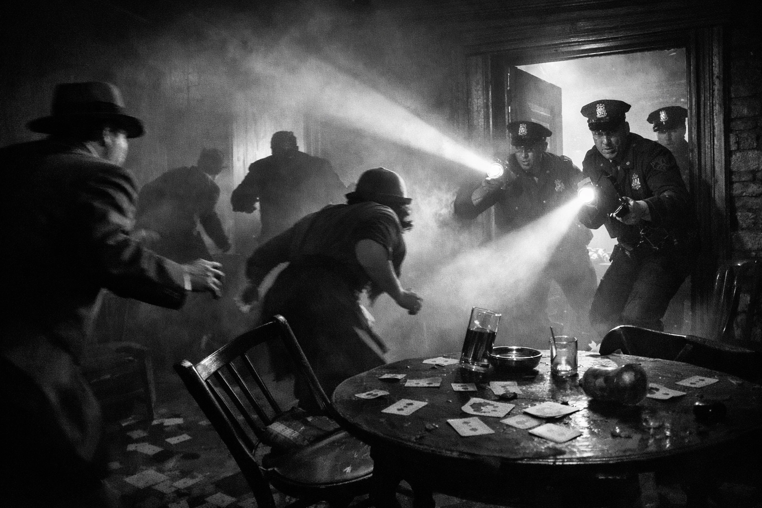 Police raid on 1920s LGBTQ speakeasy with patrons escaping through hidden exits