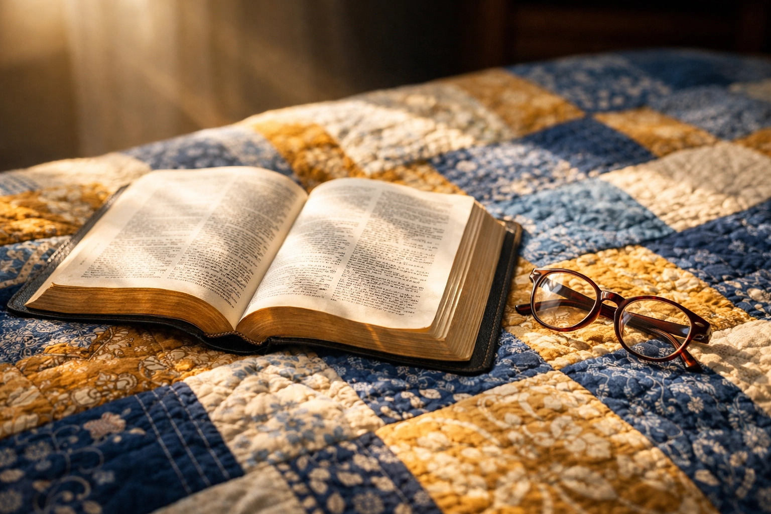 An open Bible resting on a colorful quilt, illuminated by sunlight for personal morning devotions.