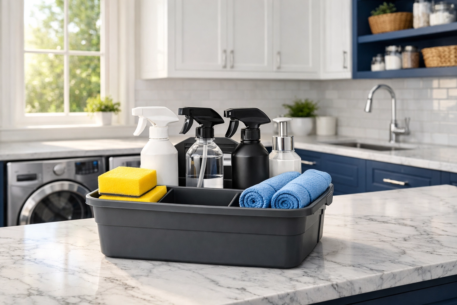An organized cleaning caddy with spray bottles and microfiber cloths in a modern laundry room.