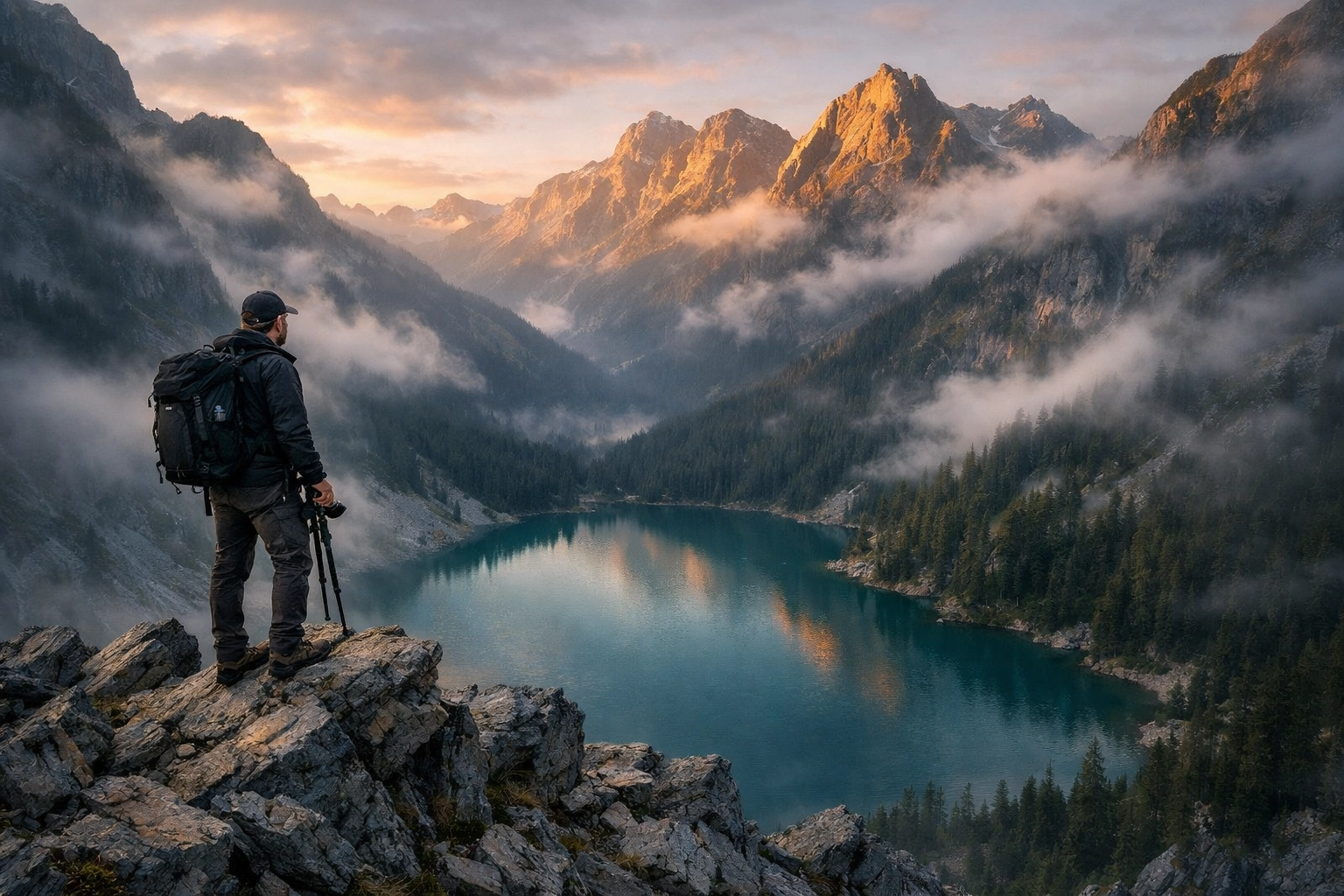 Photographer at sunrise scouting the best photography locations in a vast mountain landscape.