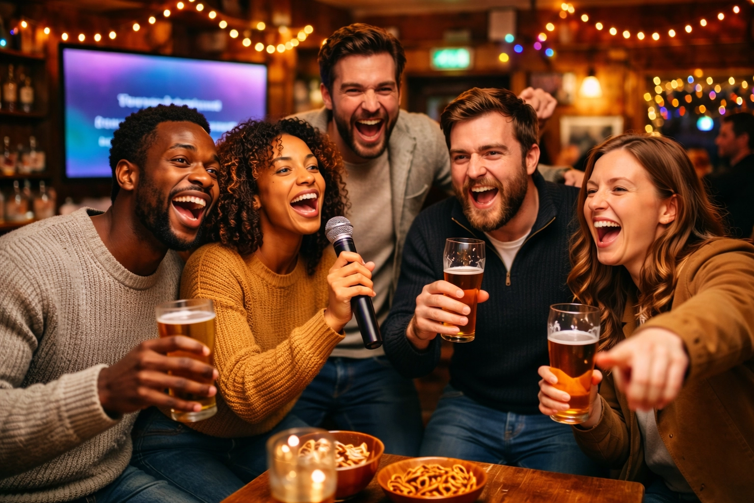 Group of friends gathered around a karaoke setup in a lively bar, laughing, singing along, and cheering for the performer.