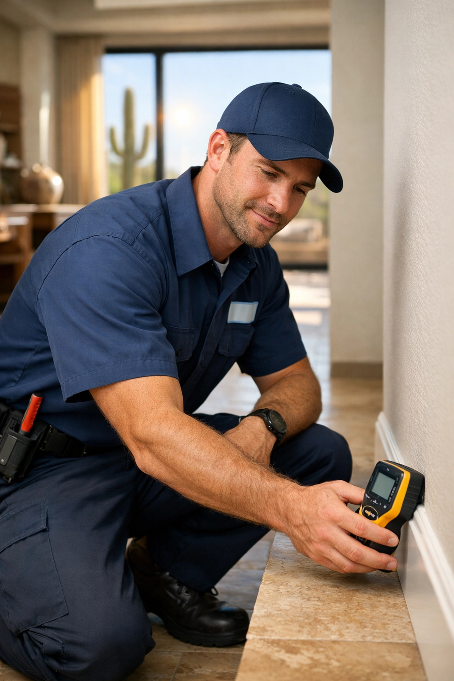 Professional plumber using a moisture meter for water leak detection in a Fountain Hills AZ home.