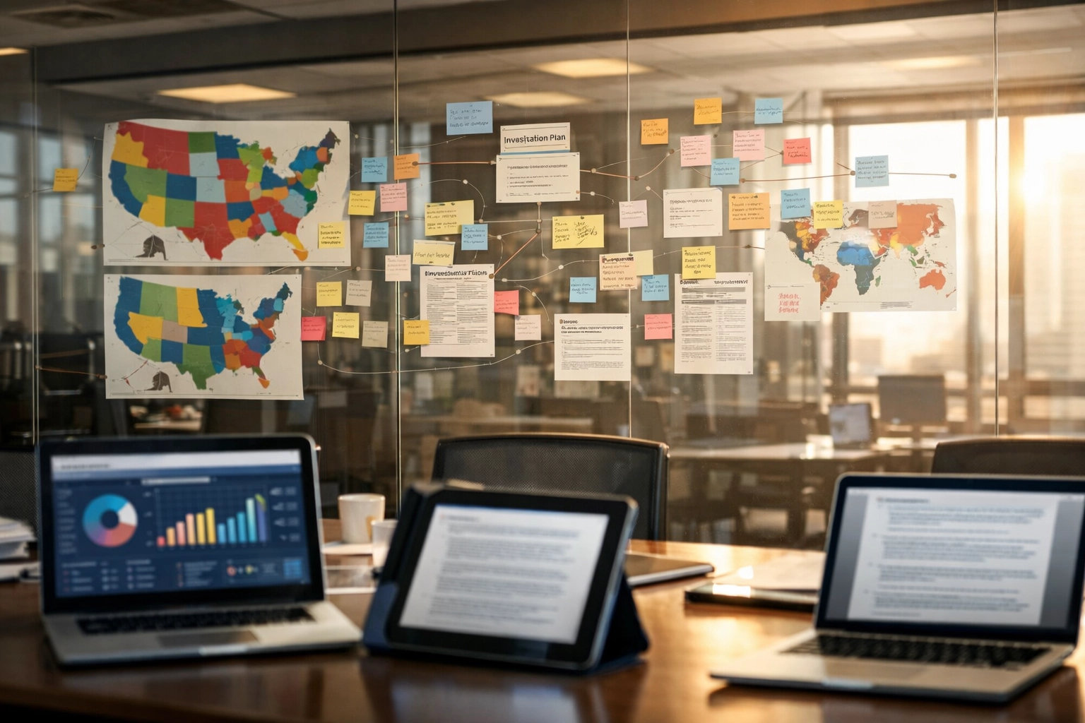 Investigation strategy planning room with jurisdiction maps and case coordination materials