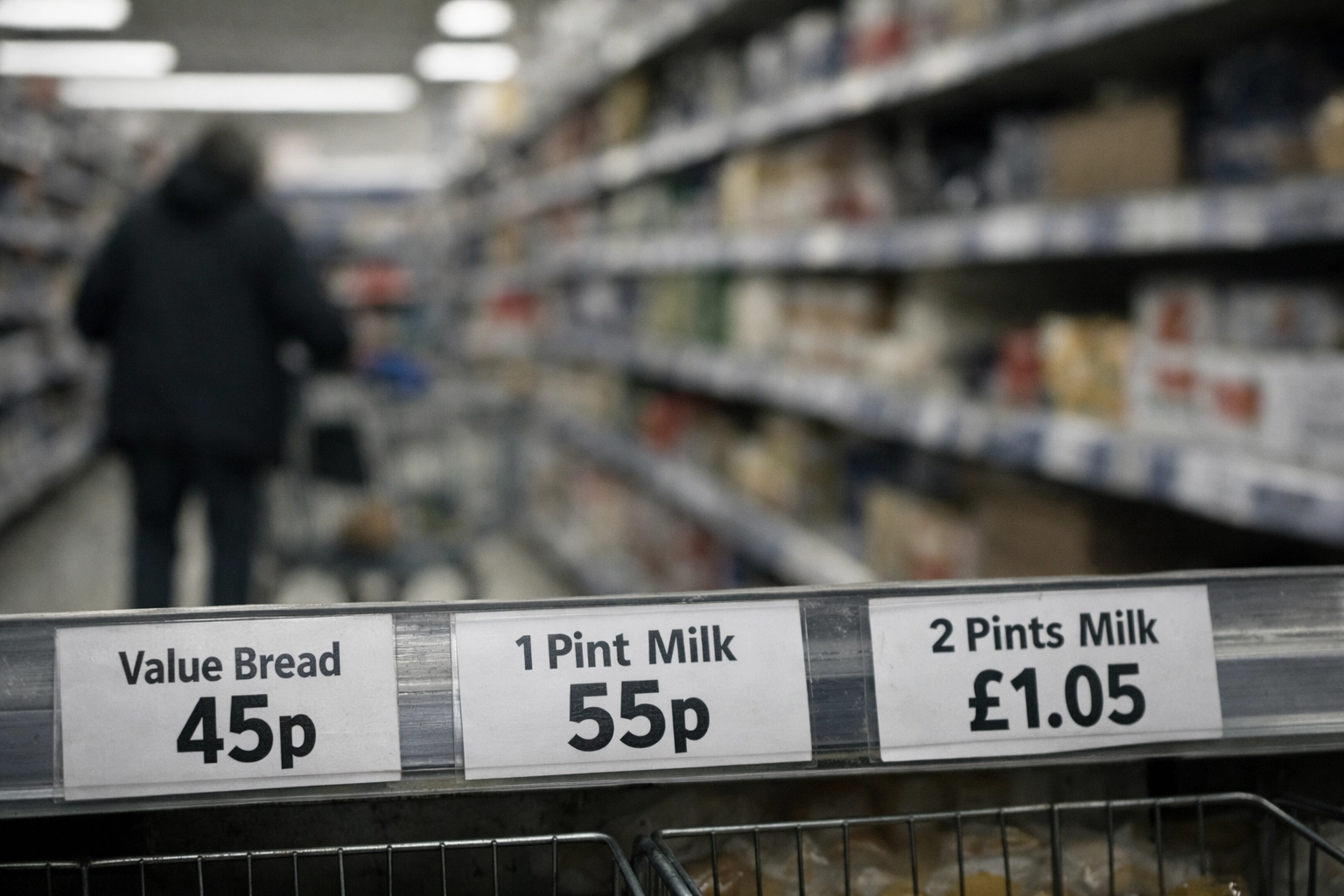 Close-up of supermarket shelf price labels for milk and bread showing the impact of rising UK food inflation.