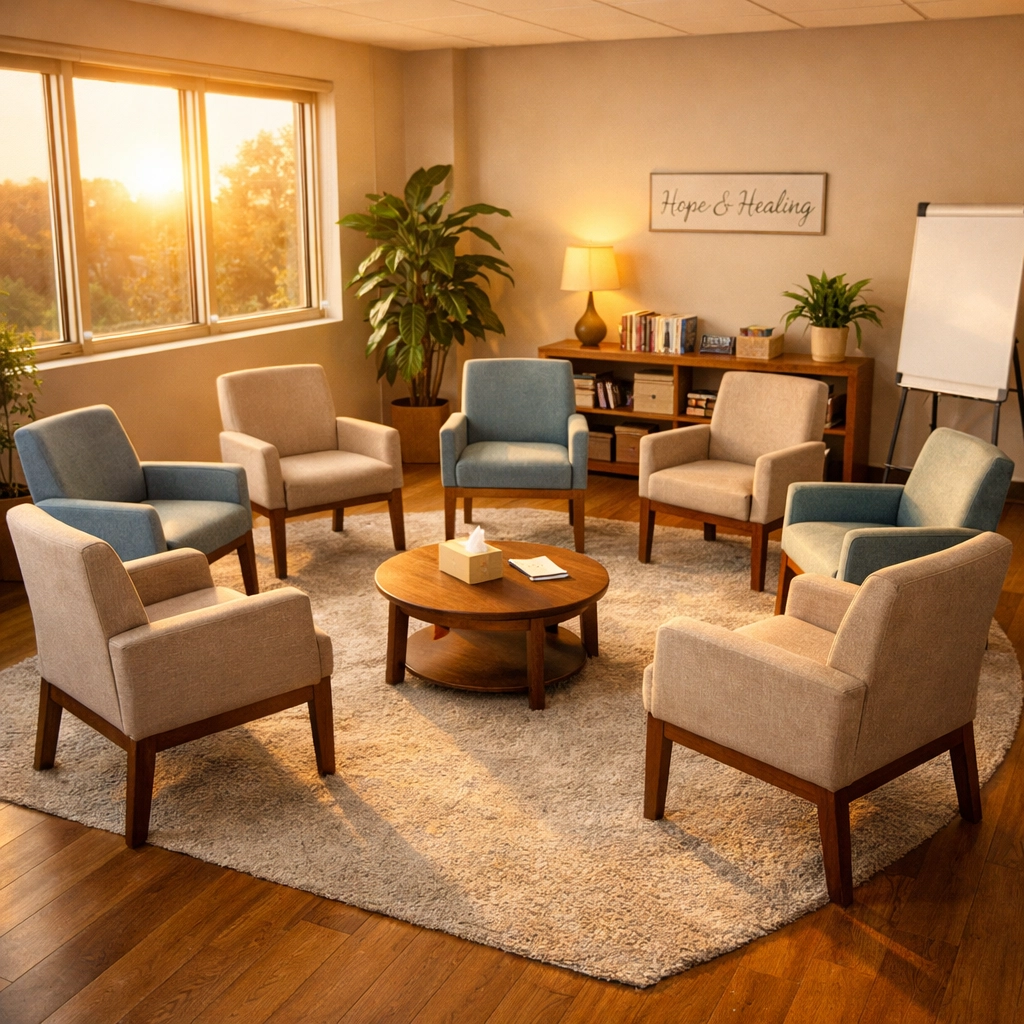Authentic group therapy room at treatment facility with natural lighting and comfortable seating