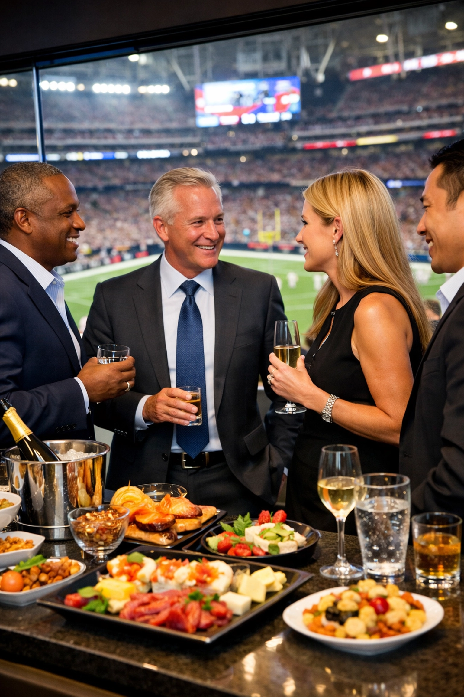 Executives networking in a luxury Super Bowl stadium suite with gourmet catering and field views.