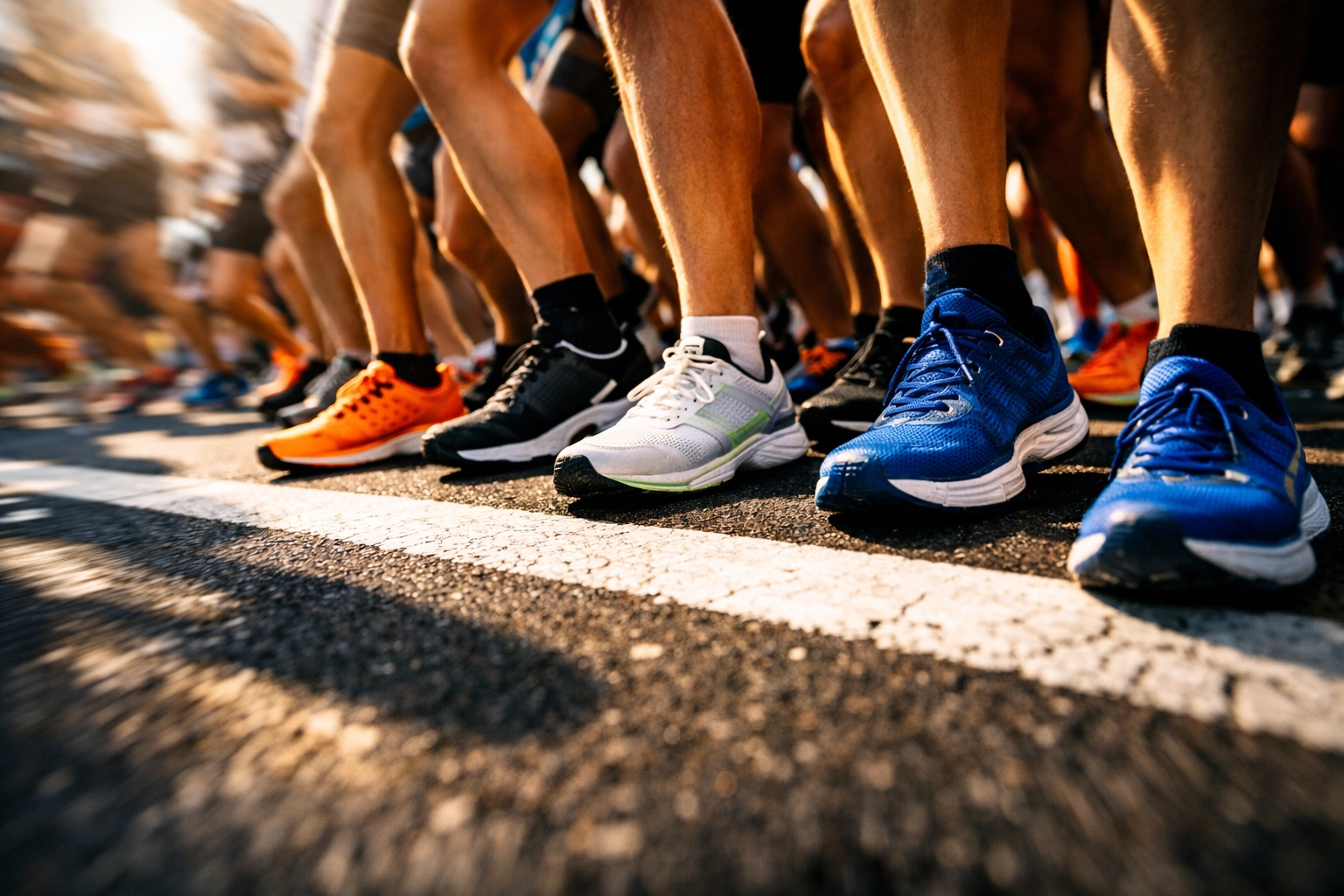 Marathon runners’ shoes at the starting line, capturing race-day energy and the everyday runner community before the gun goes off