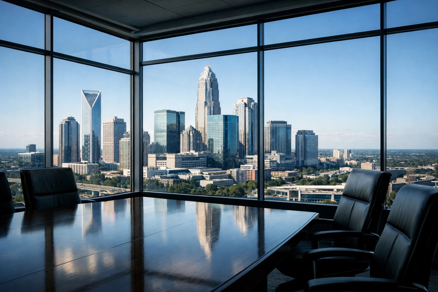 Charlotte NC skyline view from a high-rise office of a business broker in North Carolina.