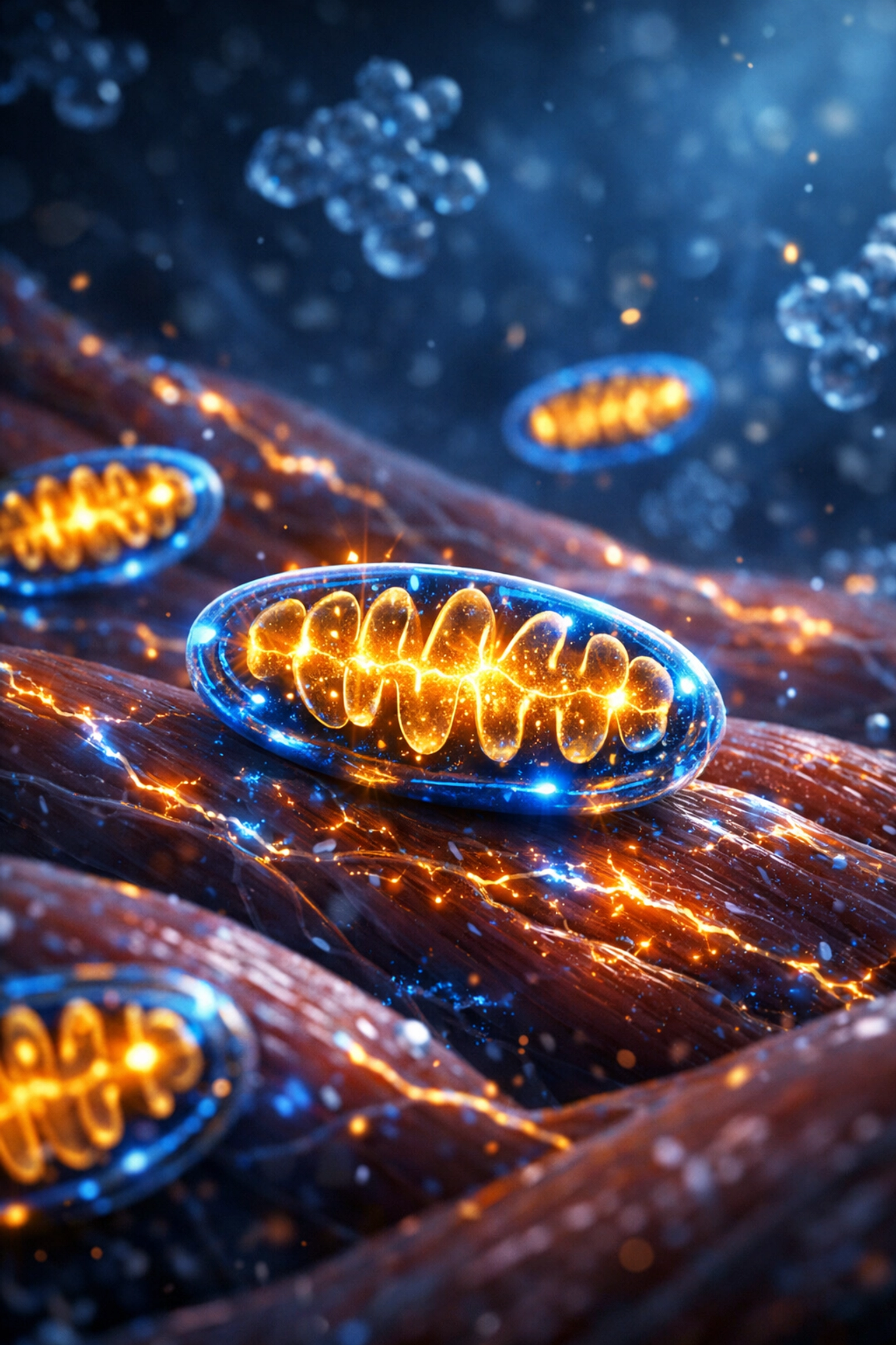 Microscopic view of human muscle cell mitochondria glowing with energy to represent metabolic health.