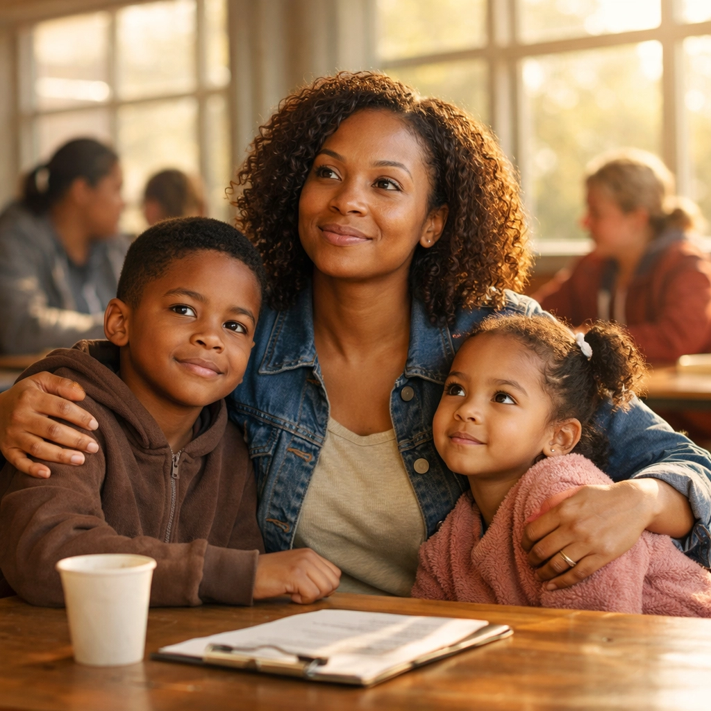 Displaced family receiving support at New Jersey community center