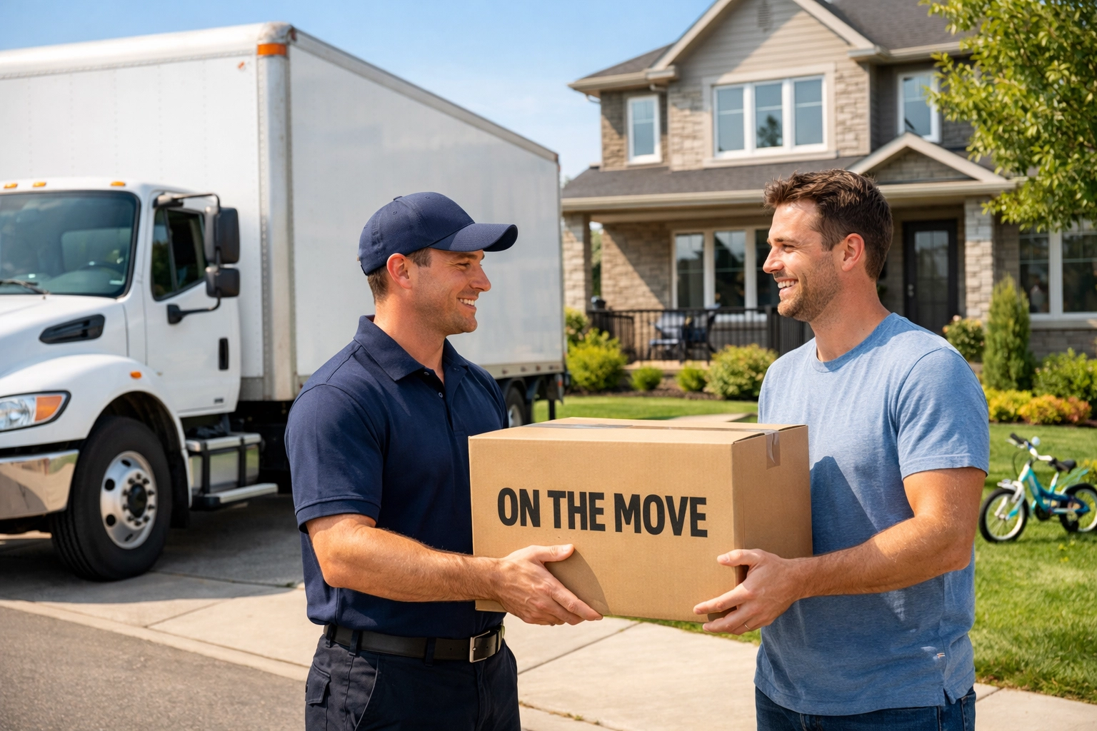 Professional movers unloading boxes for a young family moving into a modern Whitby neighborhood.