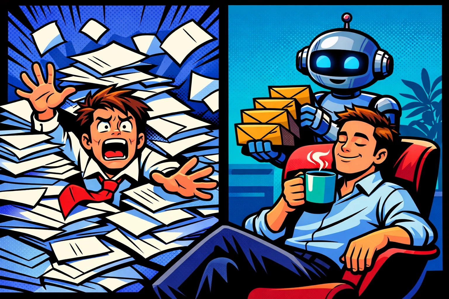 Comparing stressful manual lead generation with a calm, automated business workflow.