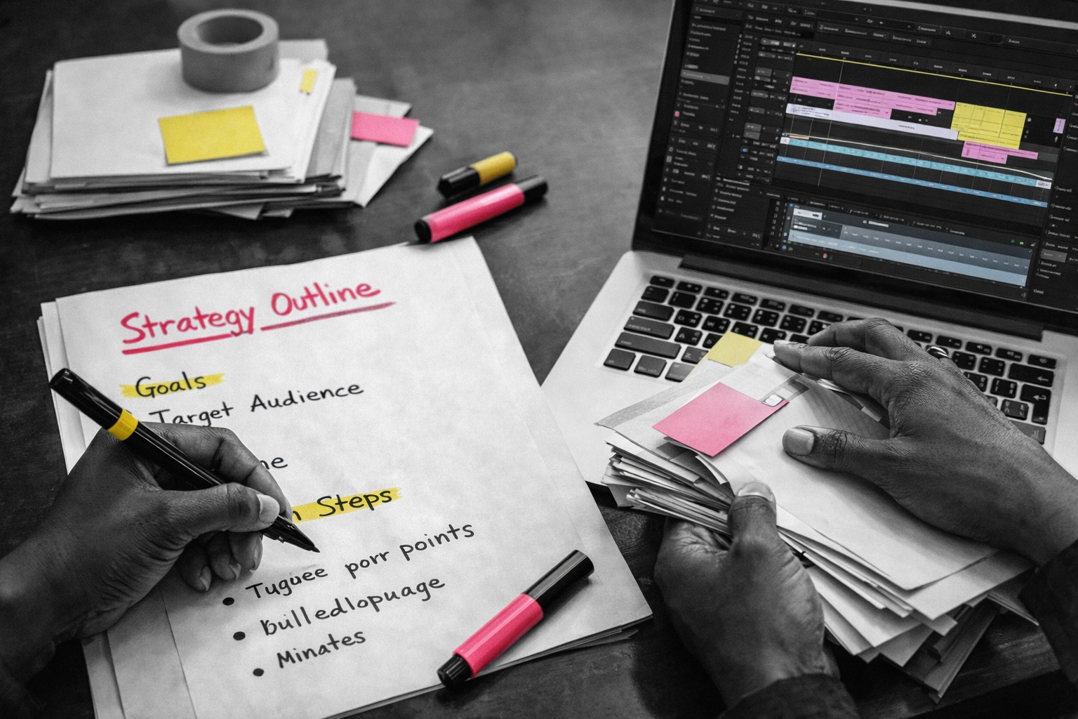 Black woman artist entrepreneur's hands working on creative projects and business strategy simultaneously