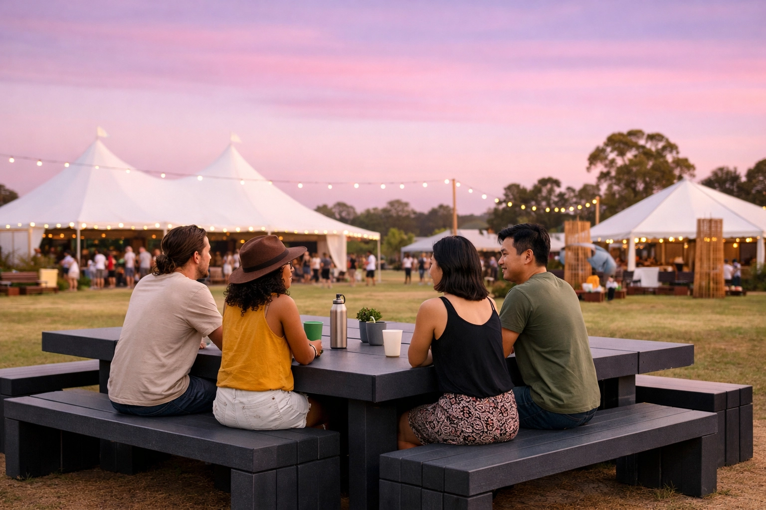 Communal table made from recycled plastic panels at a festival highlighting the circular economy.
