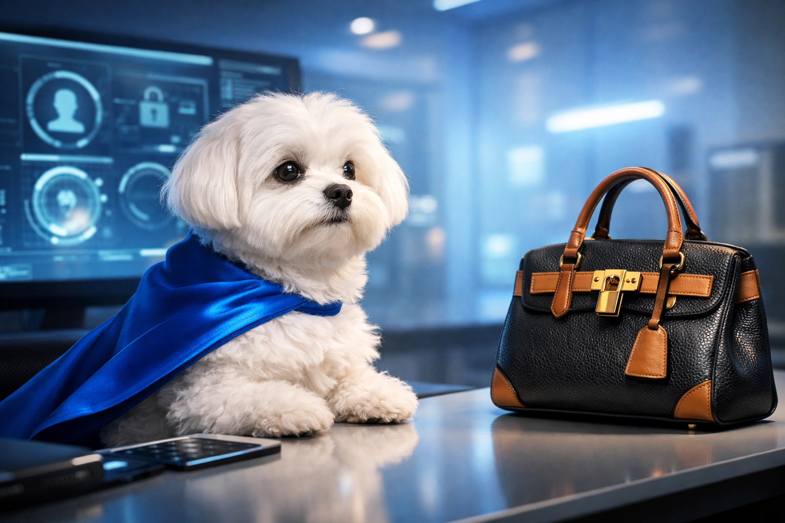 Daisy the Maltese dog in a blue cape inspecting a luxury leather bag for an online authentication service.