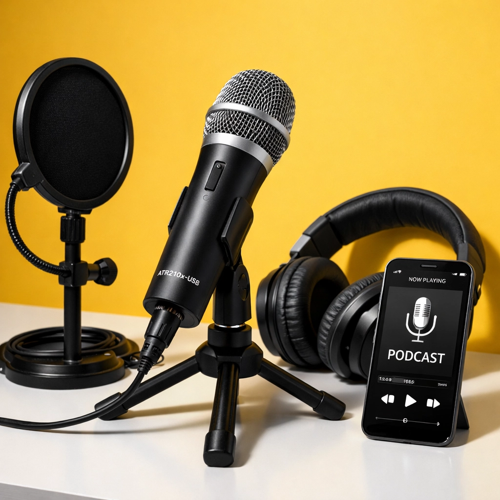 Affordable podcast equipment including ATR2100X microphone and headphones on desk
